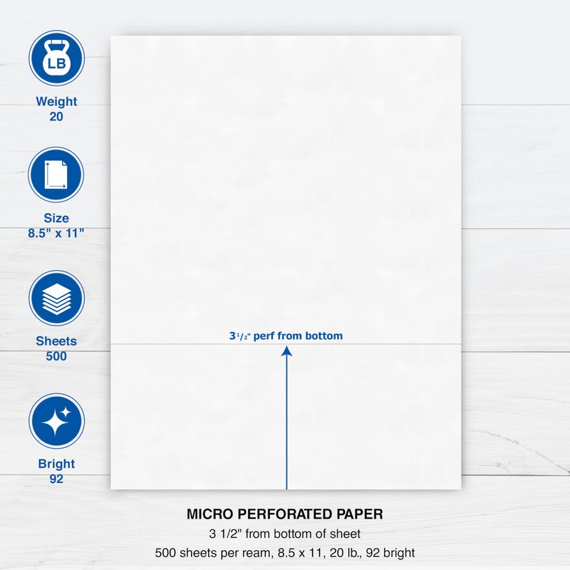 PrintWorks Professional 3 1/2" Horizontal Perforated Paper 8.5â€ x 11â€ - Perfect for W-2, 1099, & Statement Use - Made in The USA - 500 Sheets - 20 lb - Printer Compatible - White (04128) - Image 3